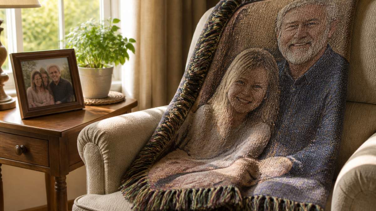 Infographic illustrating the steps to preserve family memories through a woven photo heirloom blanket