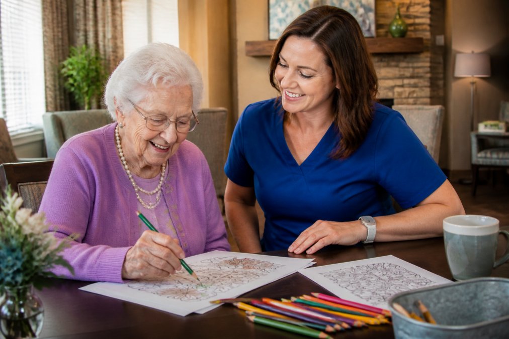 Senior resident engaged in a meaningful creative activity with a caregiver in a bright, comfortable common area with warm natural lighting and inviting furnishings
