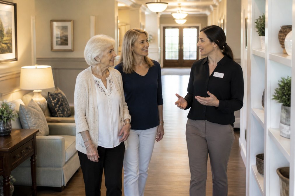 Adult children and an elderly parent touring a memory care community, speaking with a staff member in a welcoming hallway with warm lighting and comfortable furnishings
