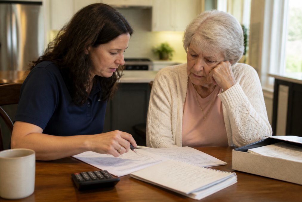Infographic visualizing average memory care costs in Tennessee with a caregiver reviewing financial documents