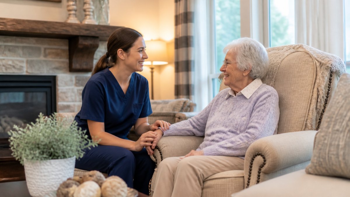 Warm residential living room in a memory care community with comfortable seating, soft lighting, and an elderly resident engaged with a staff member in a caring interaction