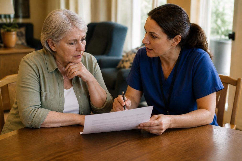 Family member reviewing questions about memory care facility staff ratios with a staff member during a facility tour.