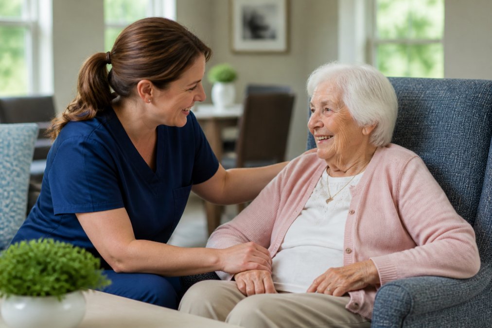 A memory care staff member gently engaging with an elderly resident in a bright, secure common room, both smiling, conveying attentive one-on-one specialized care