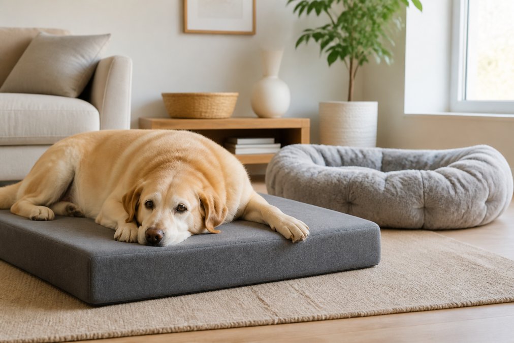 A large senior dog resting on a thick memory foam bed in a bright living room, with a plush fiber fill bed visible in the background