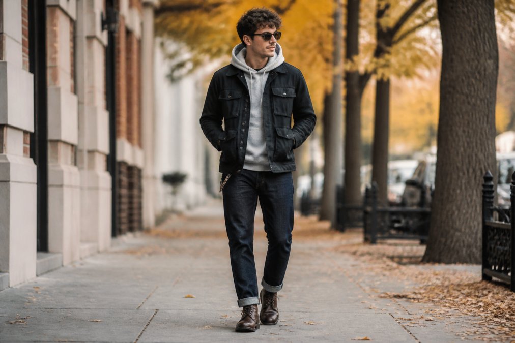 A man layering an oversized hoodie under a structured utility jacket, paired with raw denim and boots, photographed outdoors on a city sidewalk in autumn light