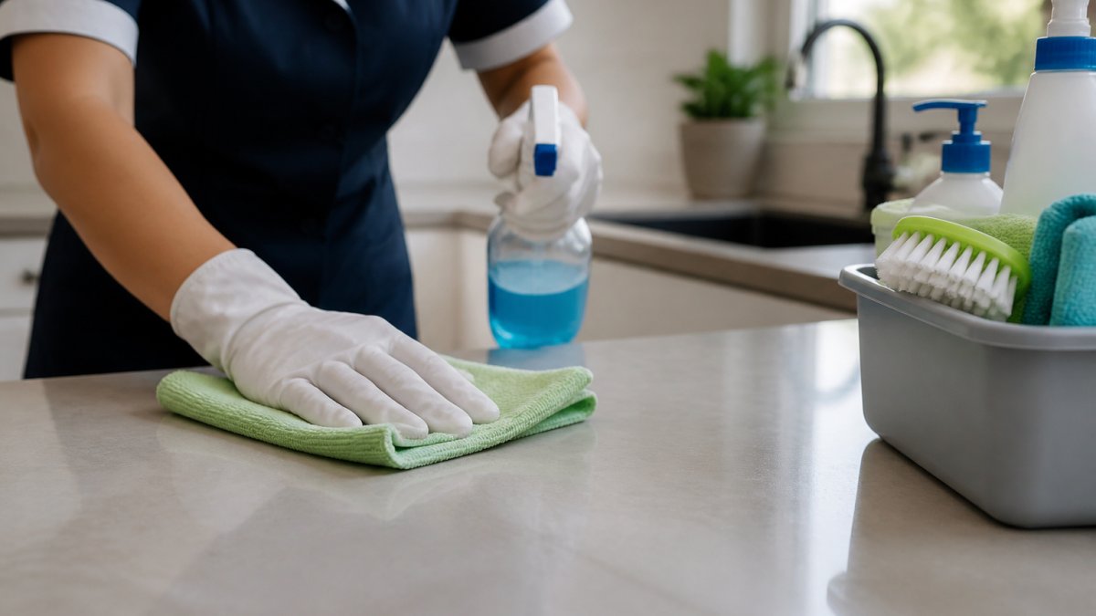 Professional cleaner in uniform methodically cleaning a residential kitchen with attention to detail, demonstrating systematic approach and care