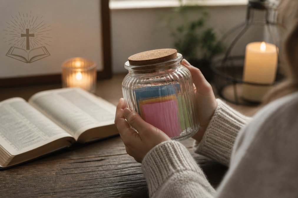 Person holder en glasskrukke med bibelvers ved siden av en bibel og et brennende lys for åndelig inspirasjon