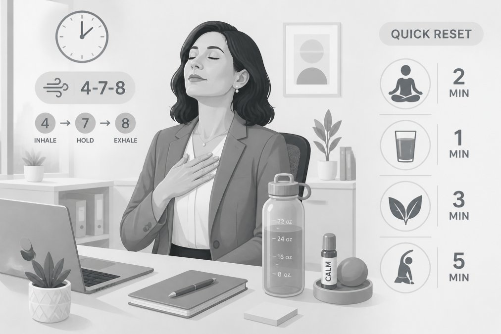 Professional woman at her desk taking a moment to breathe deeply, with a water bottle and wellness items nearby, showing self-care during a workday