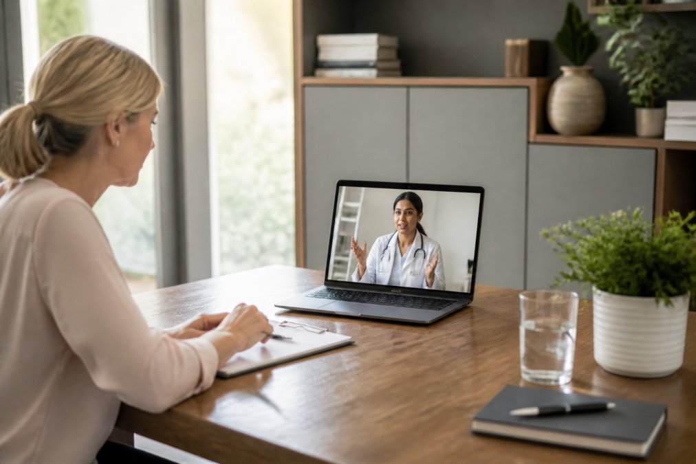 Healthcare provider and patient having a focused virtual consultation on a laptop, both engaged in discussion with professional setting visible