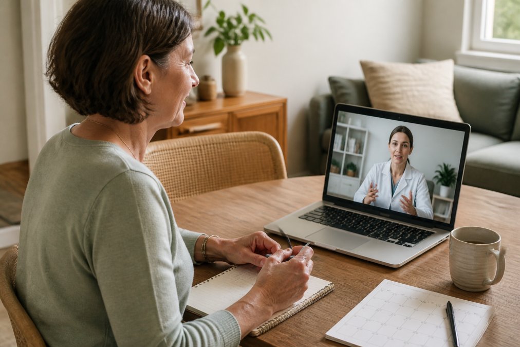 Woman discussing menopause specialist consultation cost with a doctor during a video call at home
