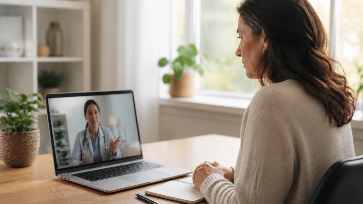 A woman in her 40s sitting comfortably at a desk with a laptop, having a telehealth video consultation with a doctor visible on screen, notebook and pen nearby in a bright home office