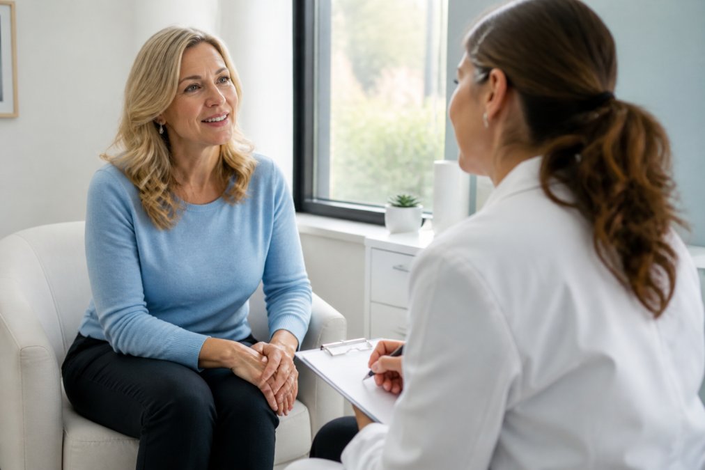 Woman in her 40s consulting with one of the menopause specialists in Denver in a bright, reassuring clinic.