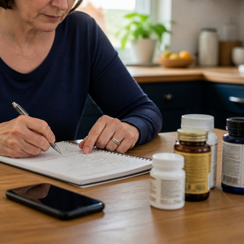 A woman in her fifties sitting at a kitchen table with a notebook, supplement bottles, and a phone, preparing questions for her pharmacist