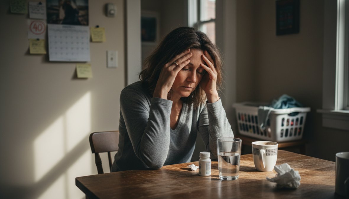 A woman in her early 40s sitting at a kitchen table, looking tired and pressing her hand to her forehead, glass of water nearby, morning light coming through a window suggesting fatigue and physical discomfort