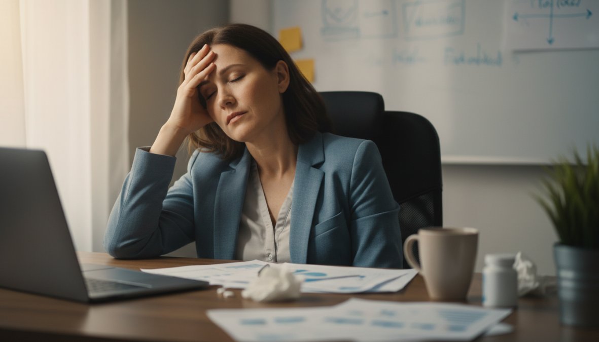 A professional woman in her 40s sitting at a desk in a modern open-plan office, rubbing her temples with eyes closed, laptop and papers spread in front of her, soft overhead lighting conveying mental fatigue and concentration difficulty