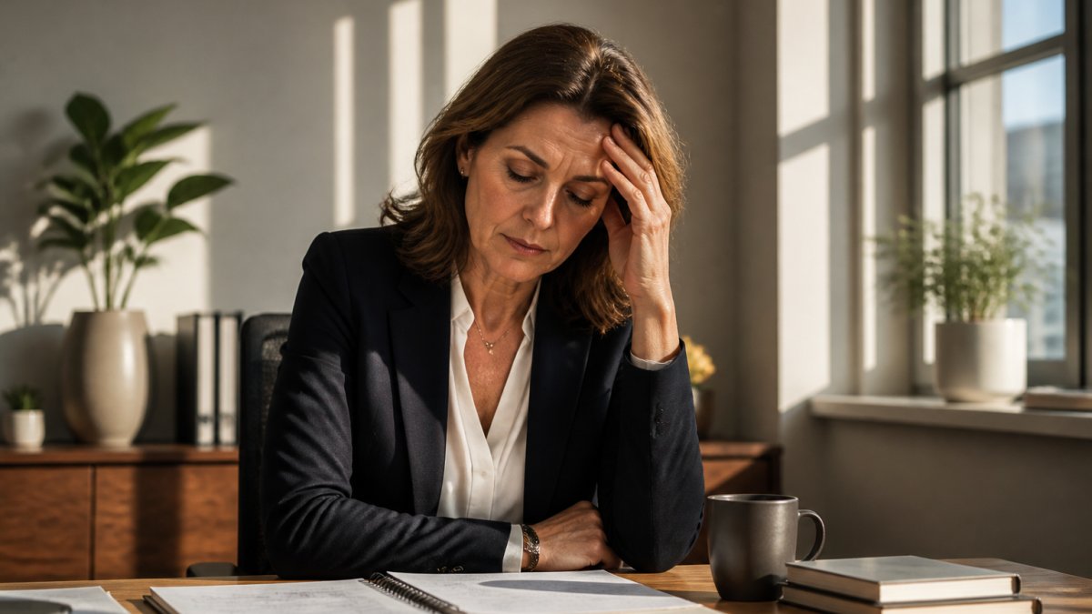 Professional woman in business attire sitting at desk in modern office, looking thoughtful with hand to forehead, natural light from window creating warm shadows