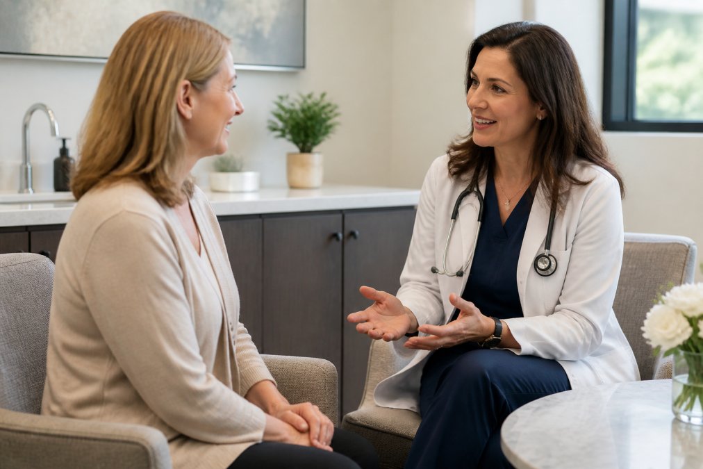 A compassionate female doctor in a modern, bright clinic consulting with a woman in her late 40s, both smiling and engaged in a detailed conversation