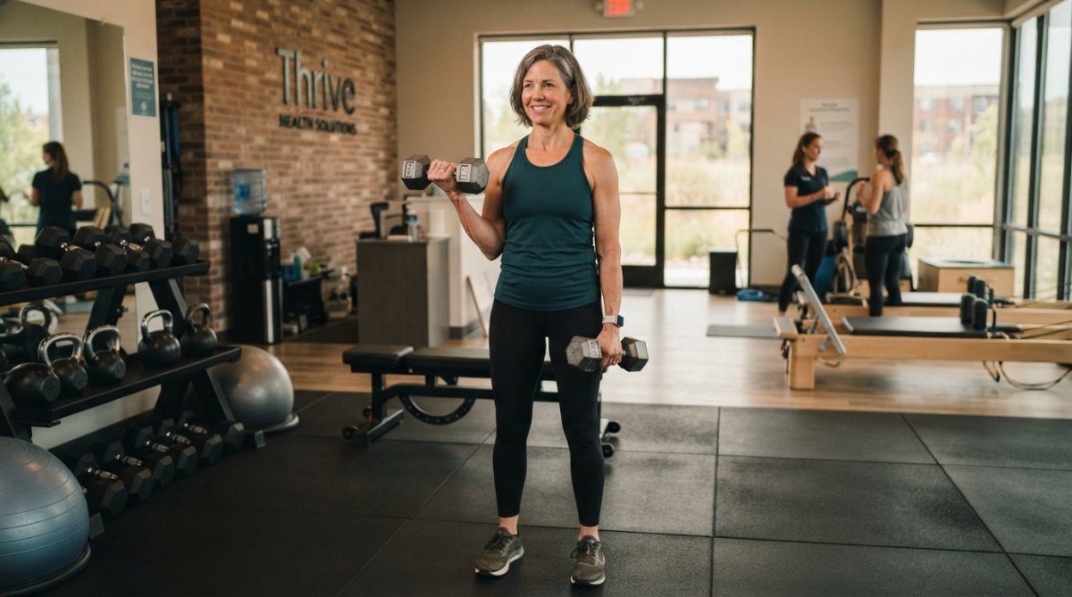 Woman in her 50s performing strength training with dumbbells in a modern clinic or fitness setting, demonstrating proper form with confidence and good posture