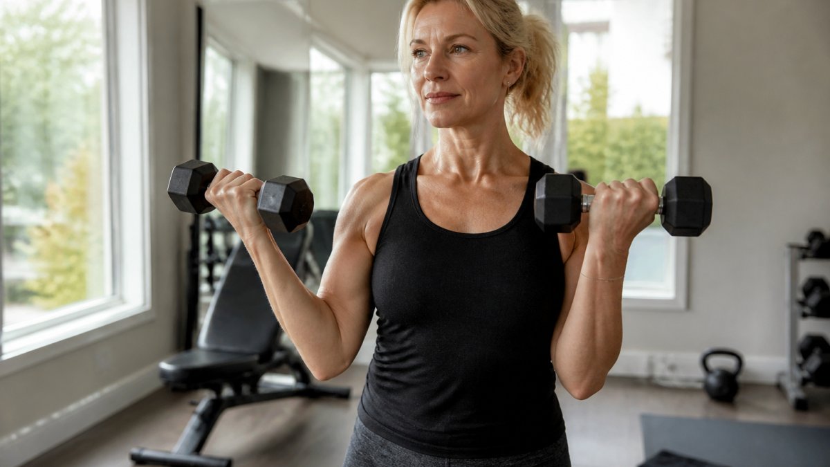Woman in her 50s performing strength training with dumbbells in a bright home gym, showing confident movement and proper form with natural lighting