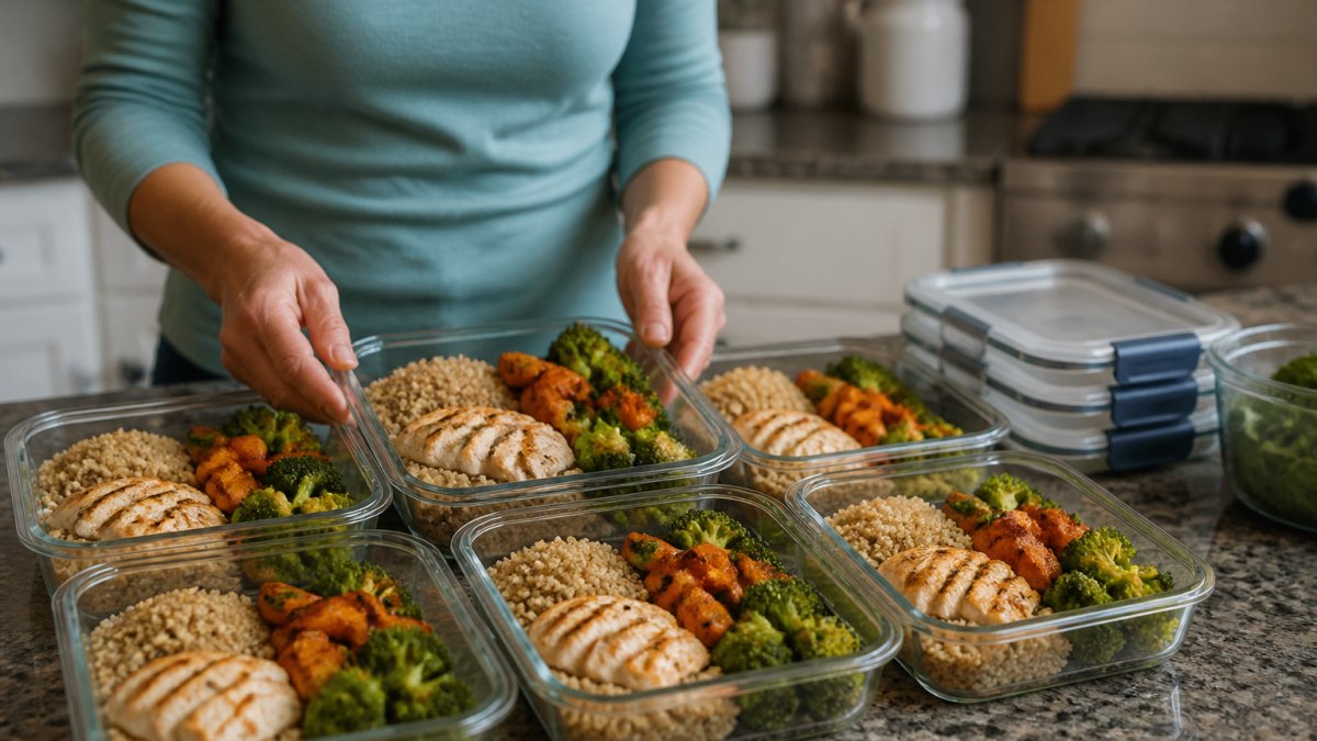 Prepared meal containers with chicken and quinoa for a menopause weight loss meal plan on a kitchen counter