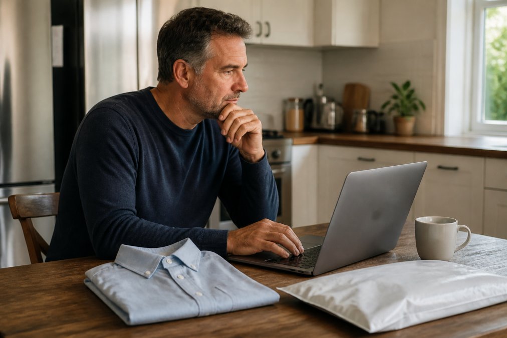 Step-by-step infographic showing how to process an apparel return on a laptop at a kitchen table