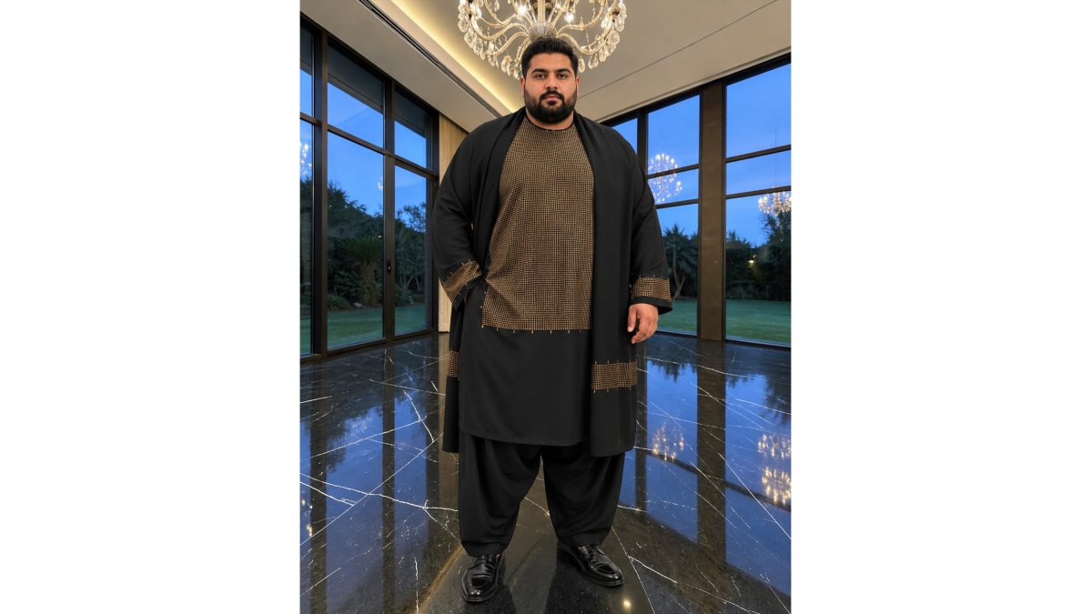 Men’s Black & Gold Parahan Tunban with Shawl – Machine Embroidered Afghan Outfit – XL & XXL