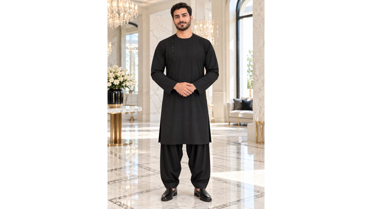 Men’s Black Qasimi Parahan Tunban – Traditional Afghan 2-Piece Outfit, Small–XL