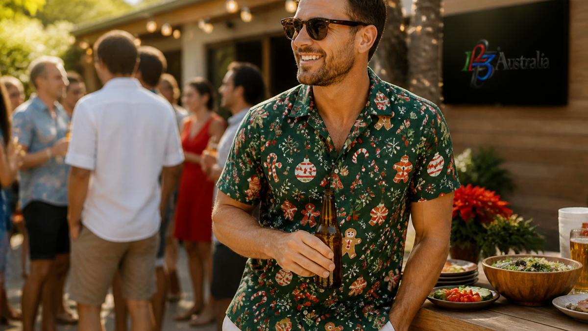 Man wearing short-sleeve festive Christmas shirt in relaxed fit, styled casually for summer outdoor gathering with confident posture and natural daylight