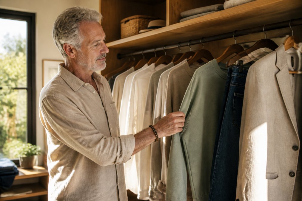 Man in his 50s selecting neutral linen and denim clothes from a curated wardrobe in a sunlit closet