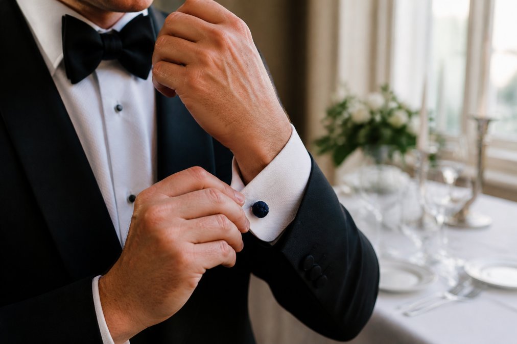 Close-up of a man's hand adjusting a silk knot cufflink on a crisp white French cuff shirt, soft natural window light, formal dining room setting