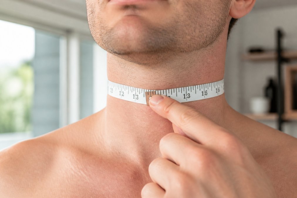 Close-up of a man's neck with a soft tape measure positioned correctly around the base of the neck, held with one finger of slack, bright natural lighting