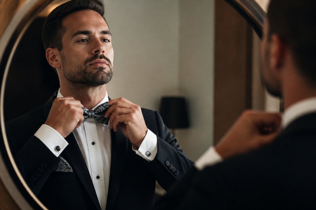 Man in a black tuxedo adjusting a formal bow tie with matching pocket square and cufflinks in a mirror.