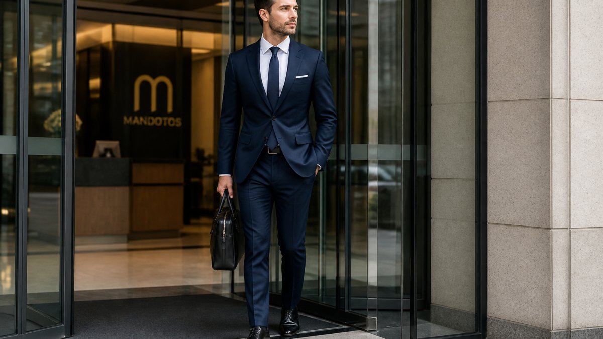 A professional man in a tailored navy suit stepping into a modern glass office lobby, wearing polished black leather Oxford shoes, with a leather briefcase in hand