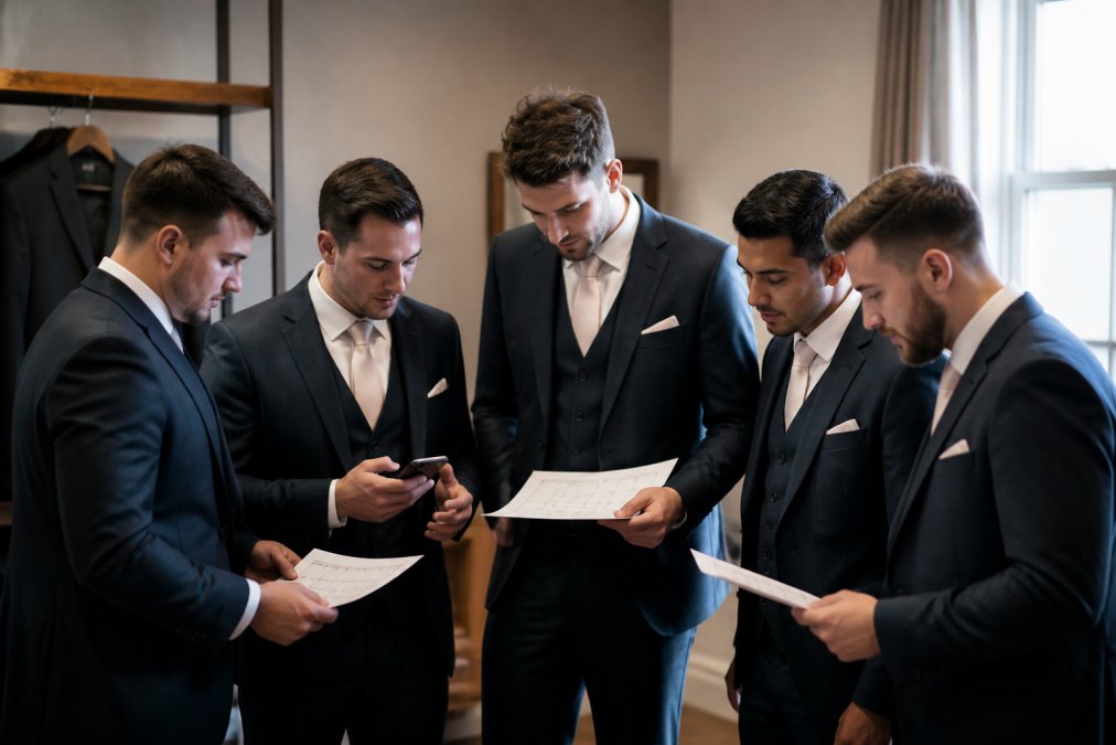 Groom and groomsmen in formal suits and waistcoats standing together indoors, one checking a smartphone for delivery tracking while others review printed calendars and event timelines, natural window lighting