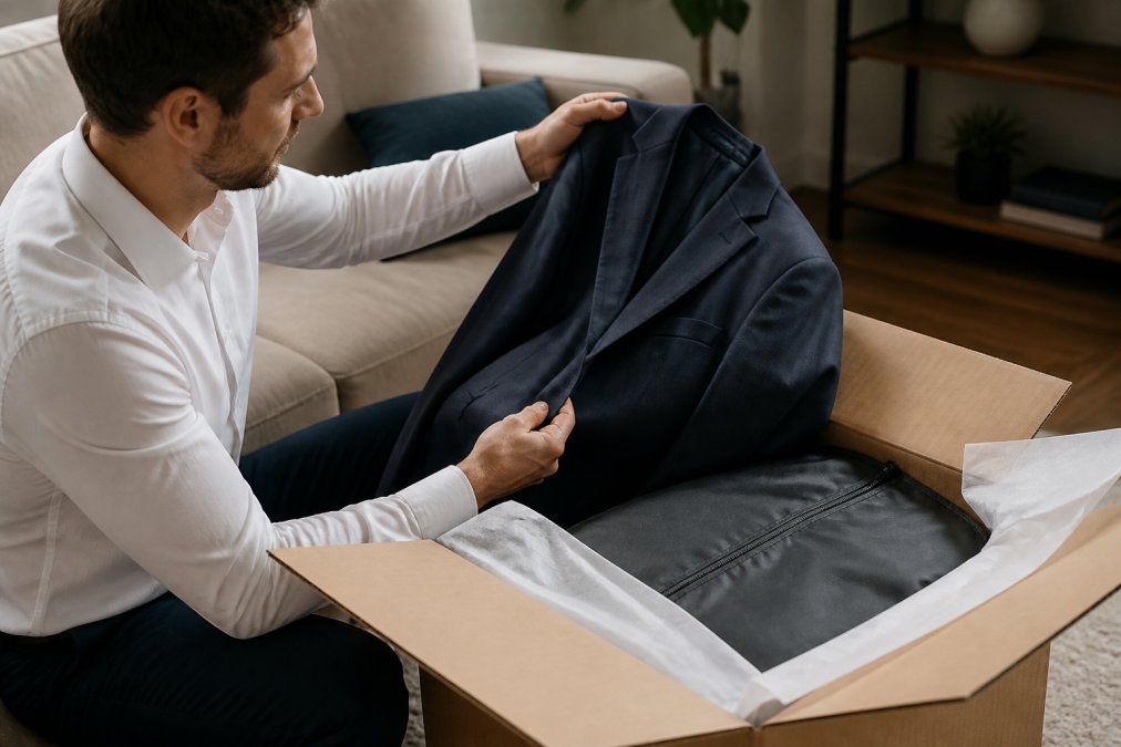 Man at home opening a carefully packaged box of formal wear, examining a suit jacket with attention to detail, tissue paper and protective garment bag visible, warm indoor lighting