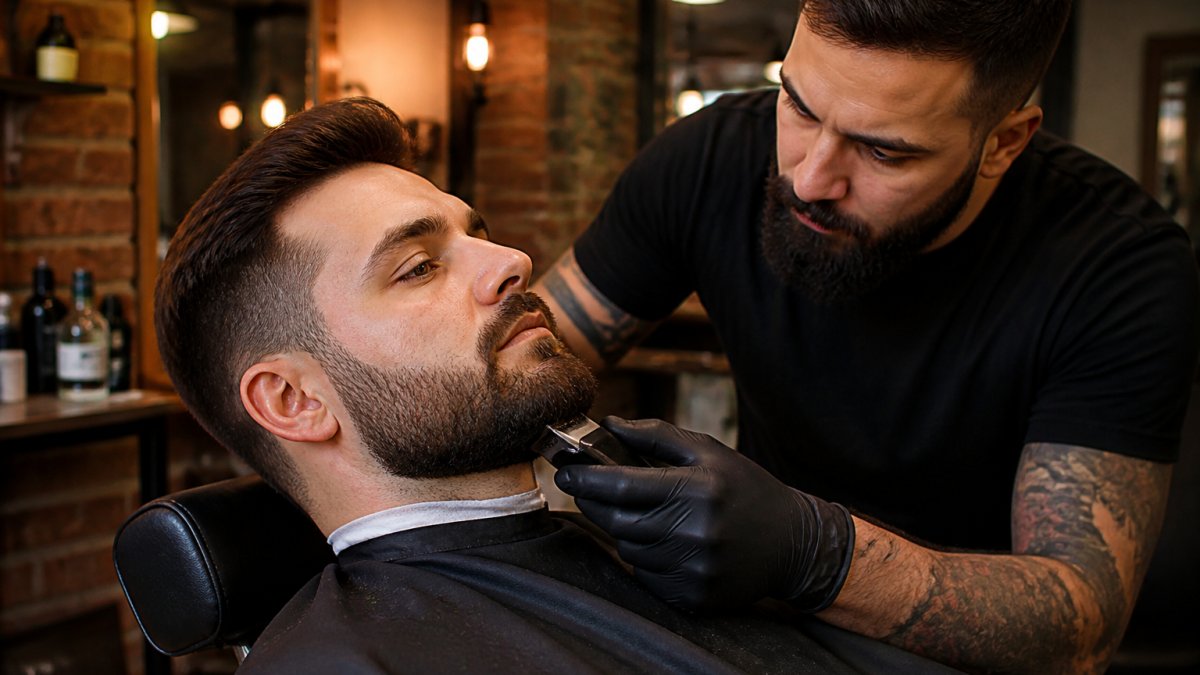 Professional barber carefully shaping a client's beard with precision clippers while maintaining clean lines around the jawline, modern barbershop setting with warm lighting