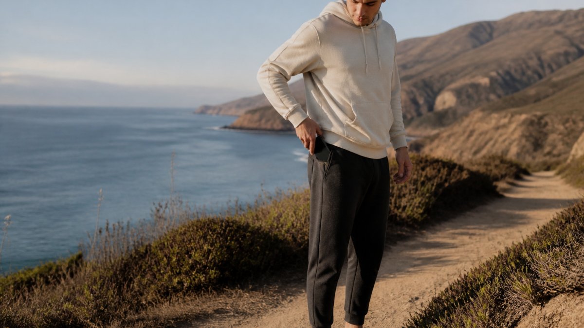 A young man in joggers standing on a coastal trail, sliding a smartphone into a deep side-entry pocket, ocean and hills behind him