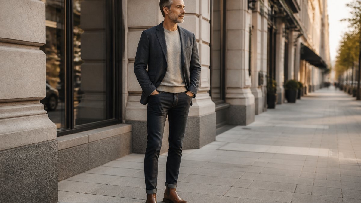 A man in his 40s wearing brown leather Chelsea ankle boots with slim dark jeans and a casual blazer, standing on a city sidewalk in soft afternoon light