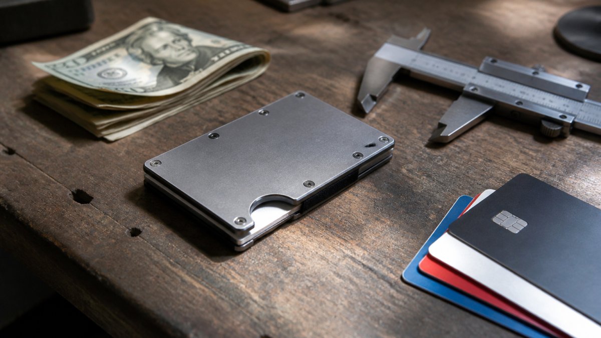 Close-up of a slim metal cardholder wallet sitting on a workbench next to a caliper, a few credit cards, and folded cash, natural light