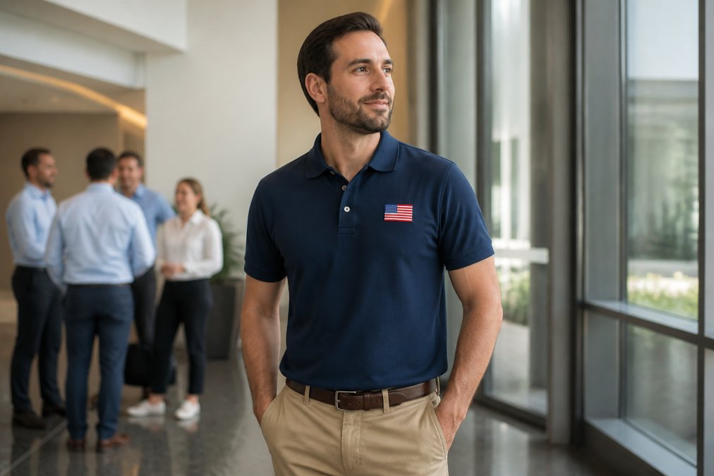 A man in a navy polo with a subtle American flag embroidered on the chest, paired with khaki pants, standing confidently in a modern office lobby with natural window light
