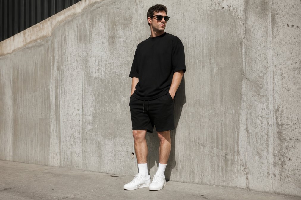 Man in an oversized black t-shirt and jog shorts, a key part of men's streetwear essentials for summer outfits.