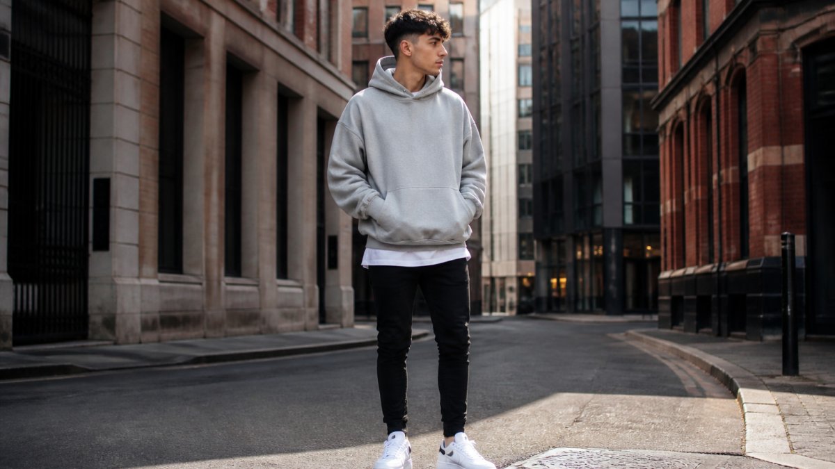 Young man wearing an oversized grey hoodie with tapered black jeans, white trainers with bold branding, standing in urban street setting with natural daylight filtering through buildings
