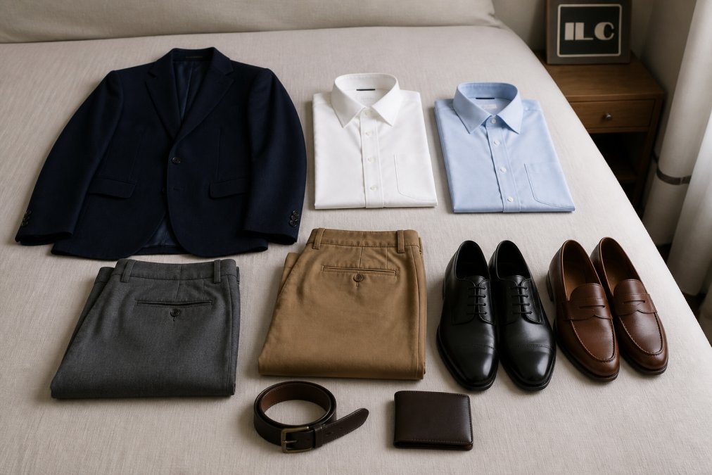 Overhead flat-lay of a capsule wardrobe on a bed: navy blazer, white and light blue button-up shirts, gray wool trousers, brown chinos, black oxfords, brown loafers, a top-grain leather belt, and a bifold wallet arranged in neat rows