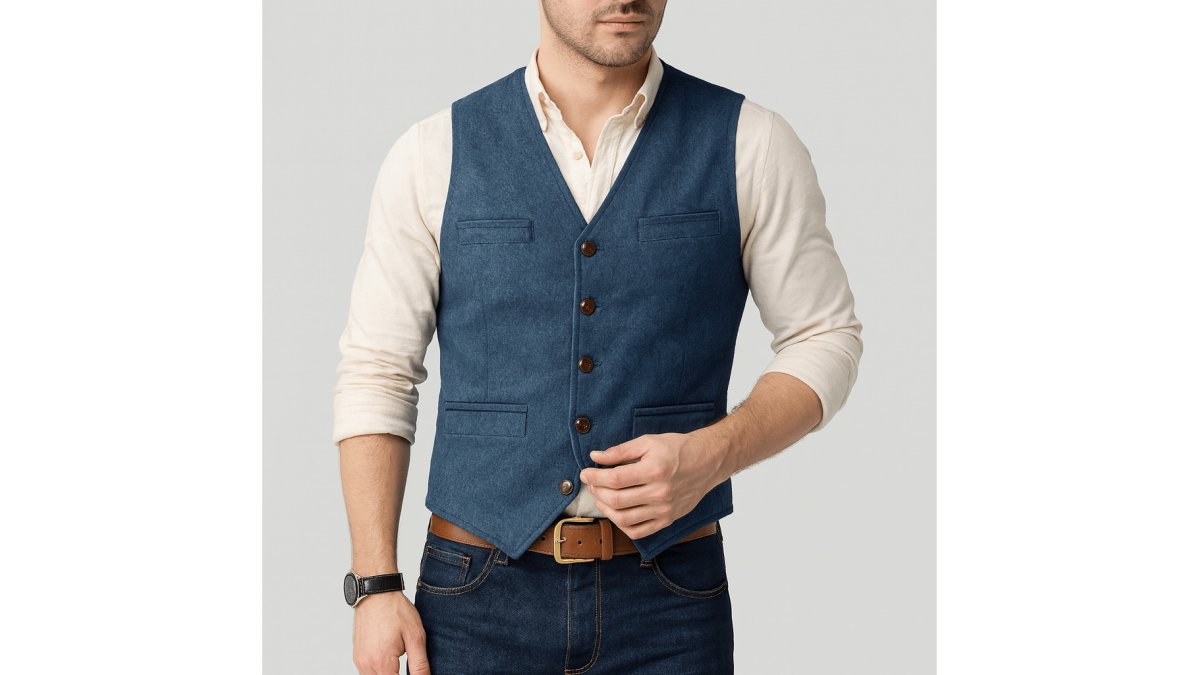 A professional man in his 40s wearing a tweed-style button vest over a crisp white button-up shirt, standing in a sunlit modern office near a large window, soft natural light casting a warm glow on the fabric textures