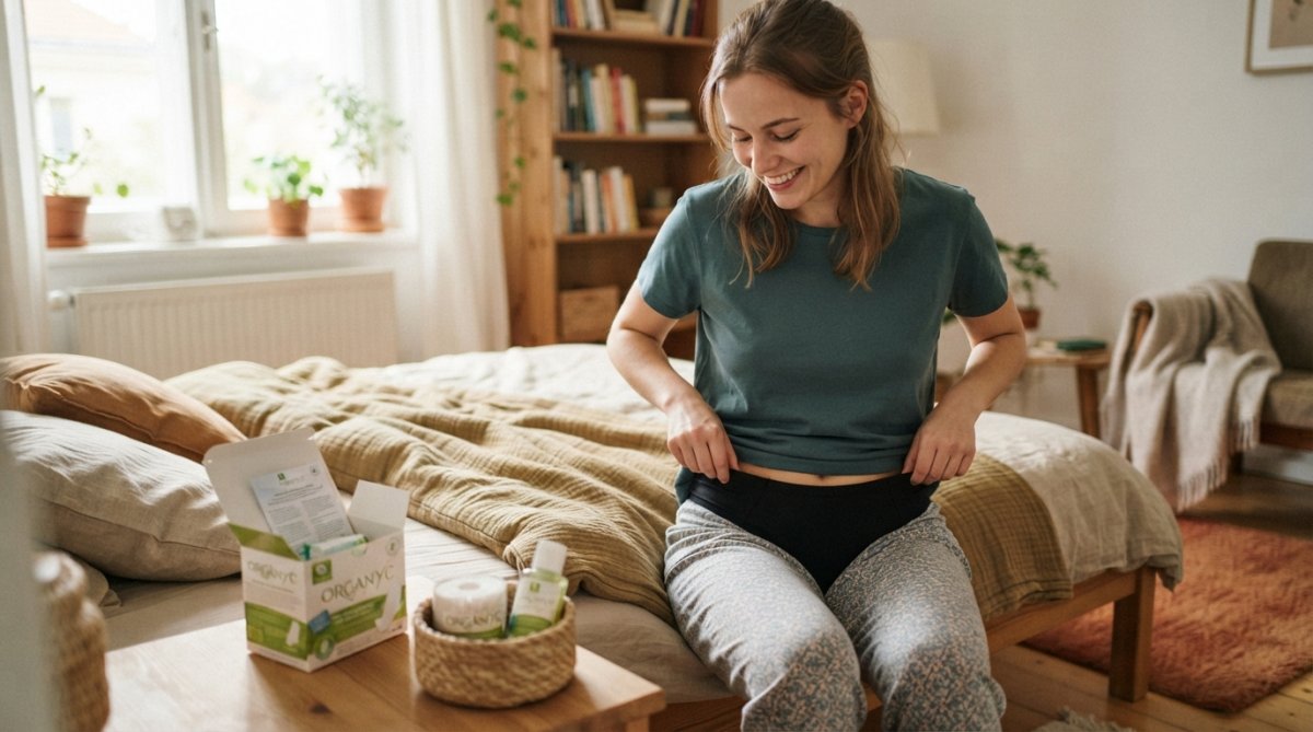 Mladá žena v přirozeném domácím prostředí si zkoušející menstruační kalhotky, která se usmívá a cítí se pohodlně, s měkkým osvětlením z okna