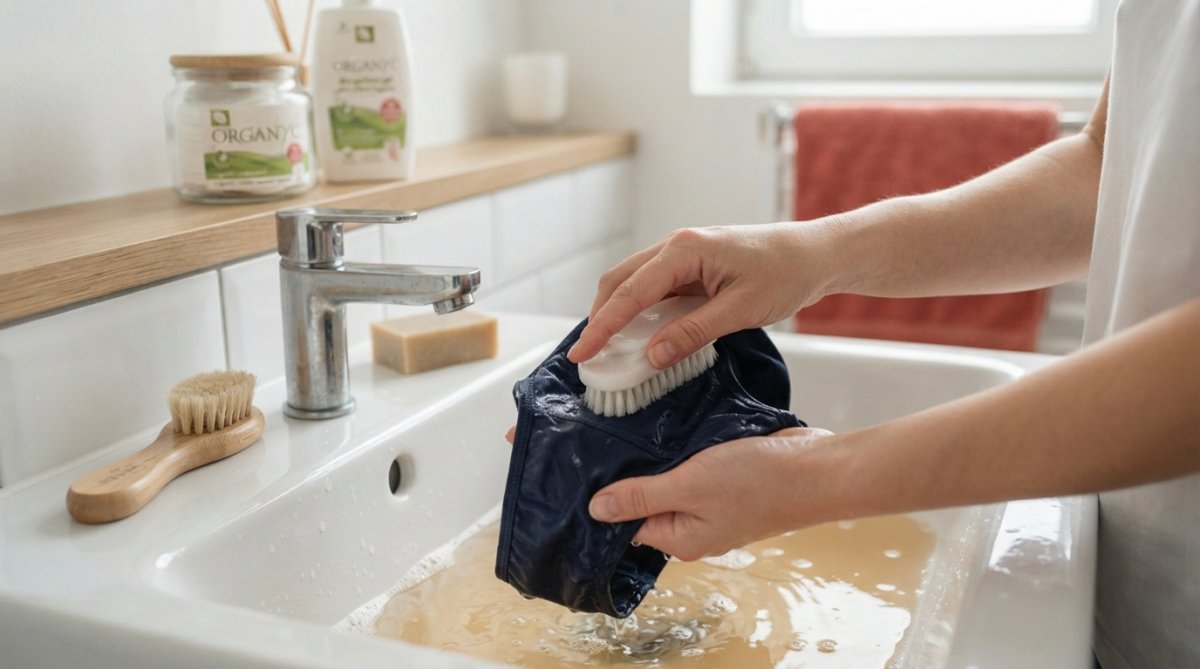 Detail rukou při jemném praní menstruačních kalhotek v teplé vodě s mýdlem a měkkým kartáčem, v moderní koupelně s přirozeným osvětlením