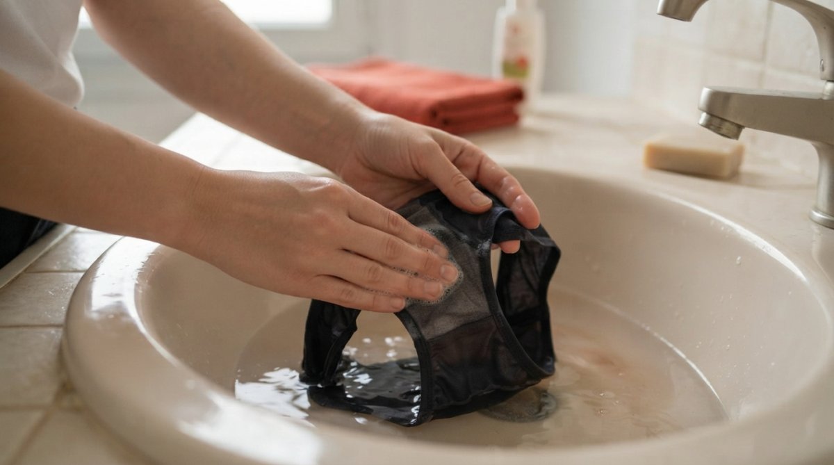 Blízký záběr na ruce během jemného mytí menstruačních kalhotek v teplé vodě s viditelným mýdlem, jemný postup, přirozené osvětlení