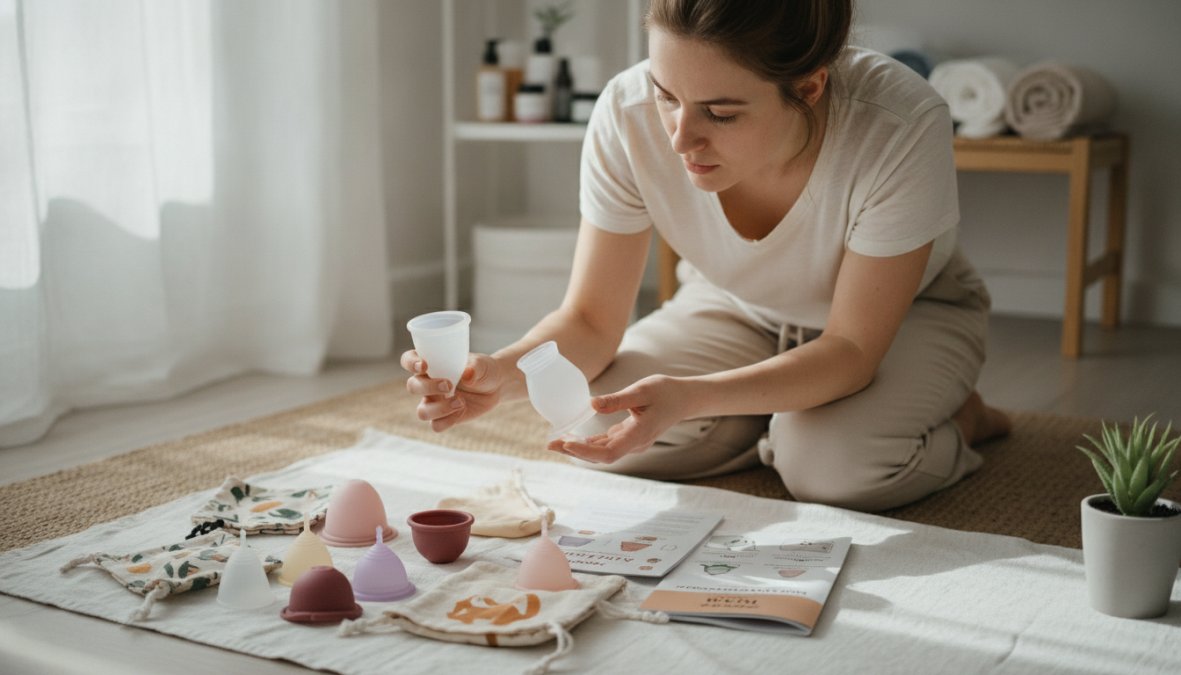 Žena v domácím prostředí zkoumá a porovnává různé menstruační kalíšky, které má rozložené na bílém povrchu, s jasným osvětlením