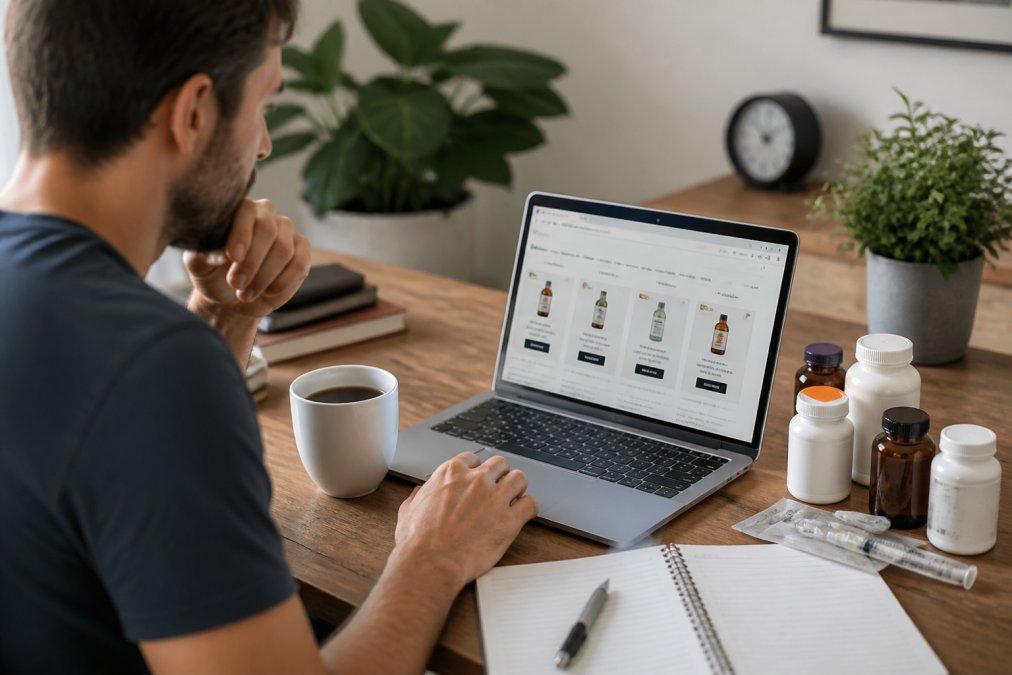 Person sitting at a home desk with a coffee cup, comparing prices on a laptop screen, with various supplement bottles arranged nearby