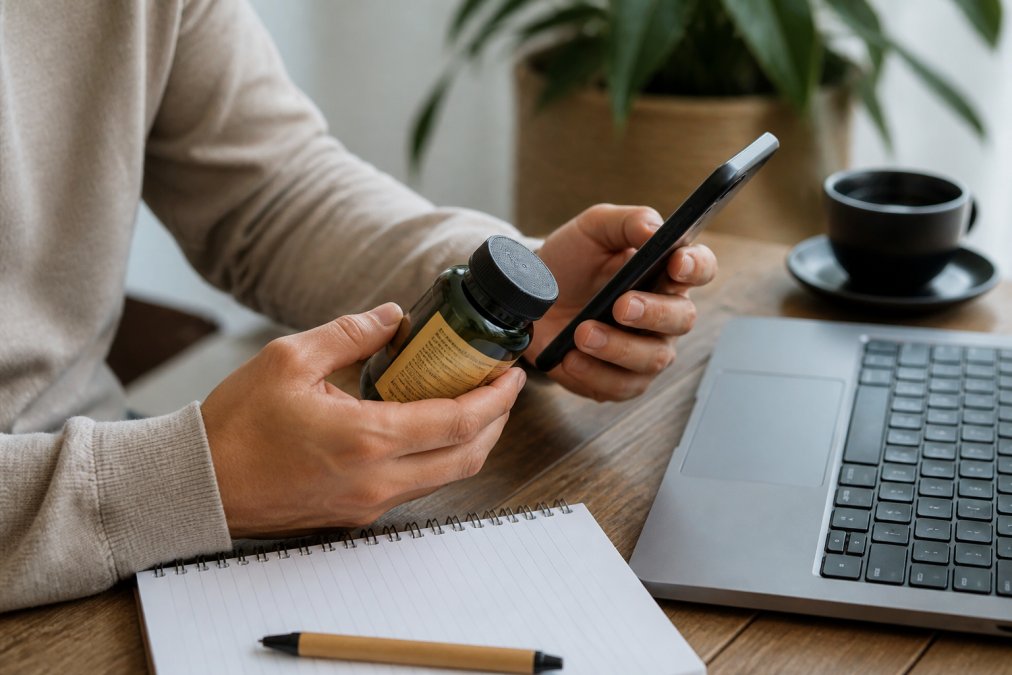 Close-up of hands holding a supplement bottle while reviewing product information on a smartphone, with a laptop and notepad visible on a clean desk